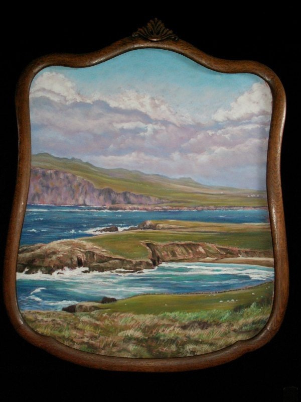 Original Pastel Painting of Coastal Kerry, Ireland in Vintage Oak Frame by Alice McMahon