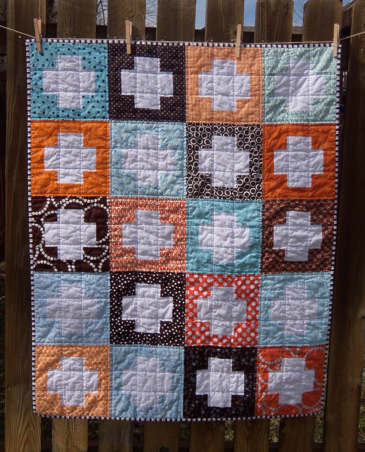 SALE- Orange, Blue and Brown Modern Baby Plus Quilt