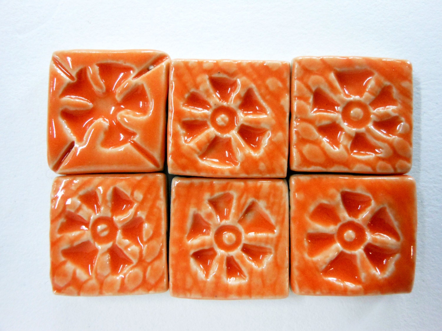 Six Tangerine Square Flower Mosaic Tiles