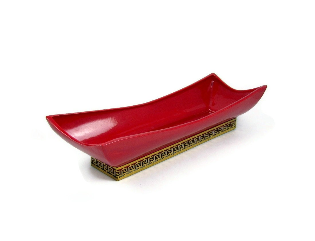 Pagoda Planter - Large Vintage Asian Inspired Ceramic Planter, 18" Long Lipstick Red Pottery with Greek Key Brass Base, Ever-Art California