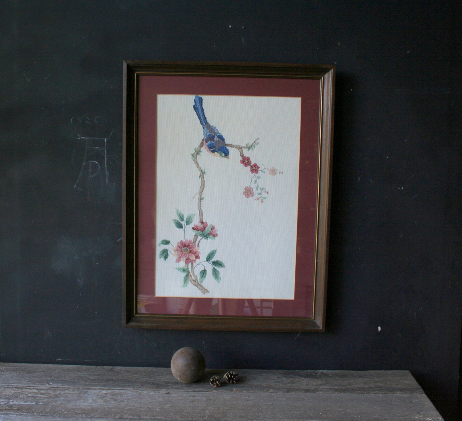 Vintage Cross Stitched Picture Bird On Blossom Asian Design