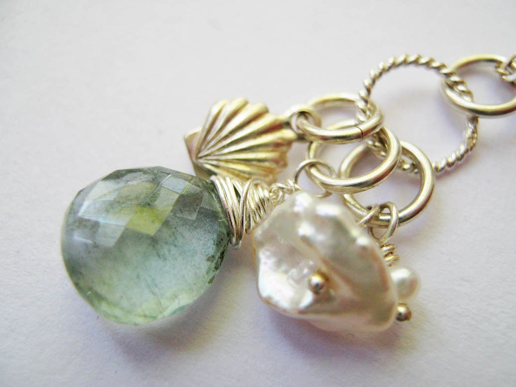 Moss Aquamarine, Pearl and Sterling Sea Shell Pendant March Birthstone