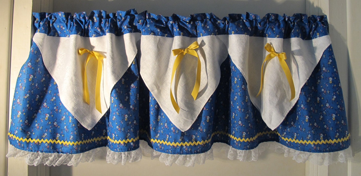 Upcycle Linen Napkins Valance, Recycle Blue and Yellow, Window Treatment, Calico Handmade Kitchen Curtain