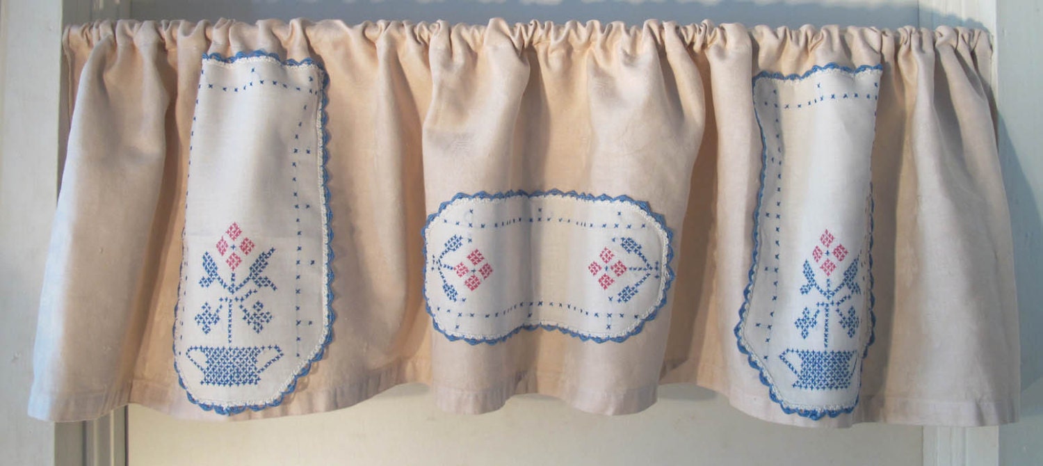 Cross Stitch Linens Valance, Upcycle Embroidery, Window Valance, Repurpose Kitchen Window Curtains