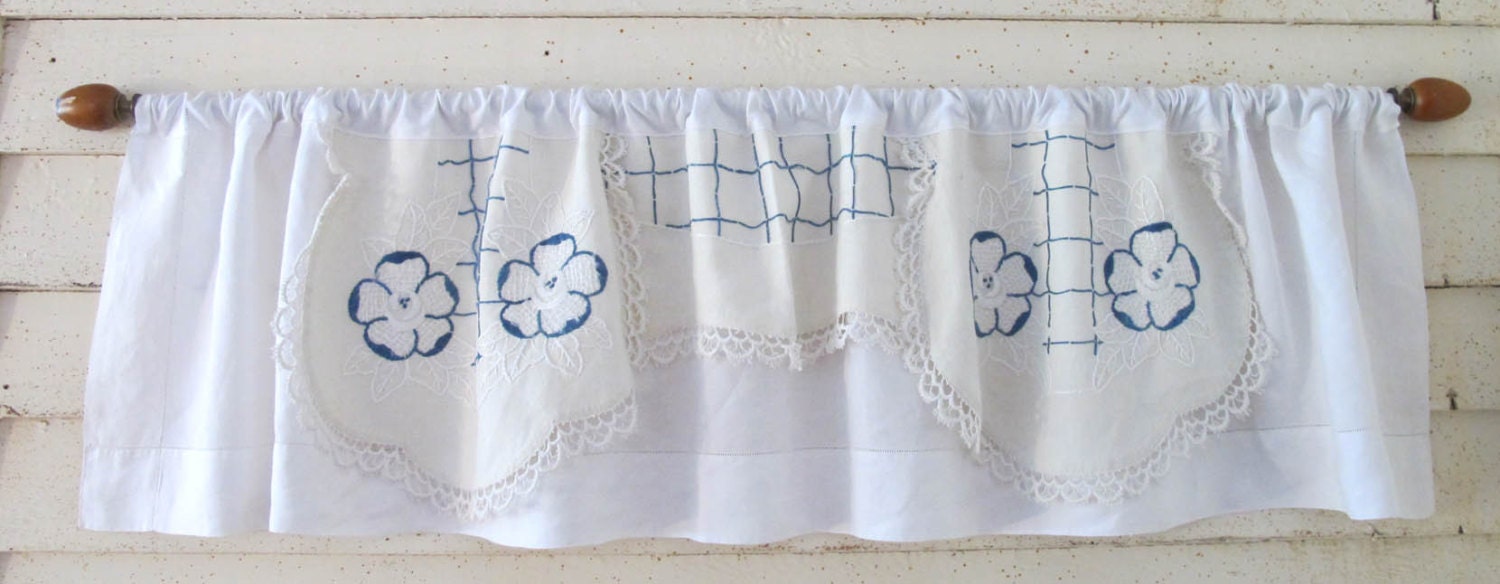 Blue Embroidered Window Valance, Upcycled Embroidery, Linen Lace Needlework, Repurpose Linens, Blue and White Kitchen Curtain