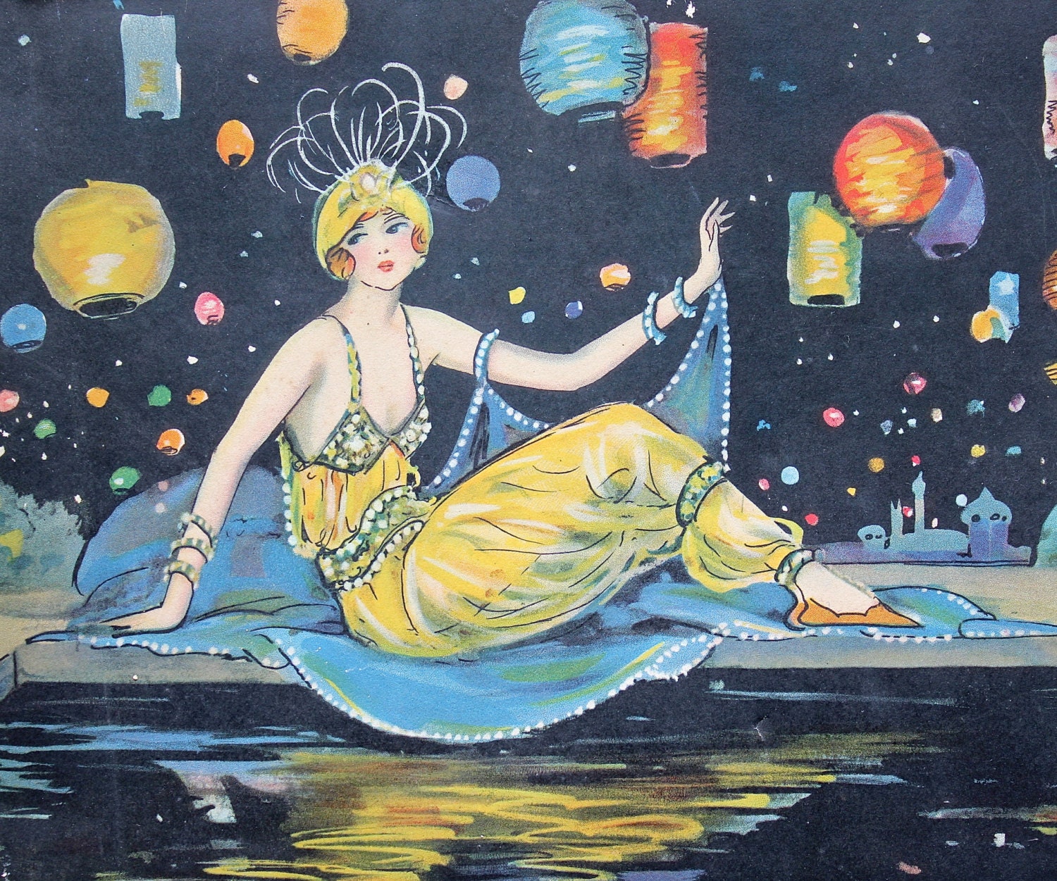 A Woman of the Night - Antique Candy Box - Flapper Girl - Yellow - Sky - Blue - Orange - Vintage Home Decor