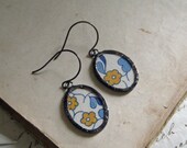 Mustard and Blue Vintage Fiber Earrings Jewelry Glass