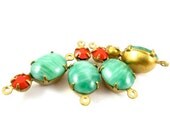 2 - Vintage Glass Stones in 2 Ring Two Stones Brass Prong Settings - Jade and Cherry Red - 21 x 8mm