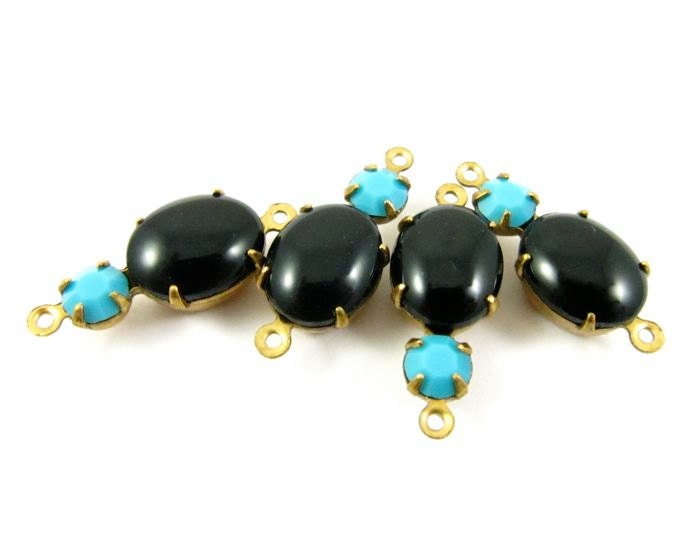 2 - Vintage Glass Stones in 2 Ring Two Stones Brass Prong Settings - Jet Black and Turquoise - 21 x 8mm