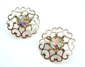 Clip Earrings Vintage Filigree Aurora Borealis Rhinestone Heart Costume Romantic Statement Bridal Jewelry, FREE US SHIPPING