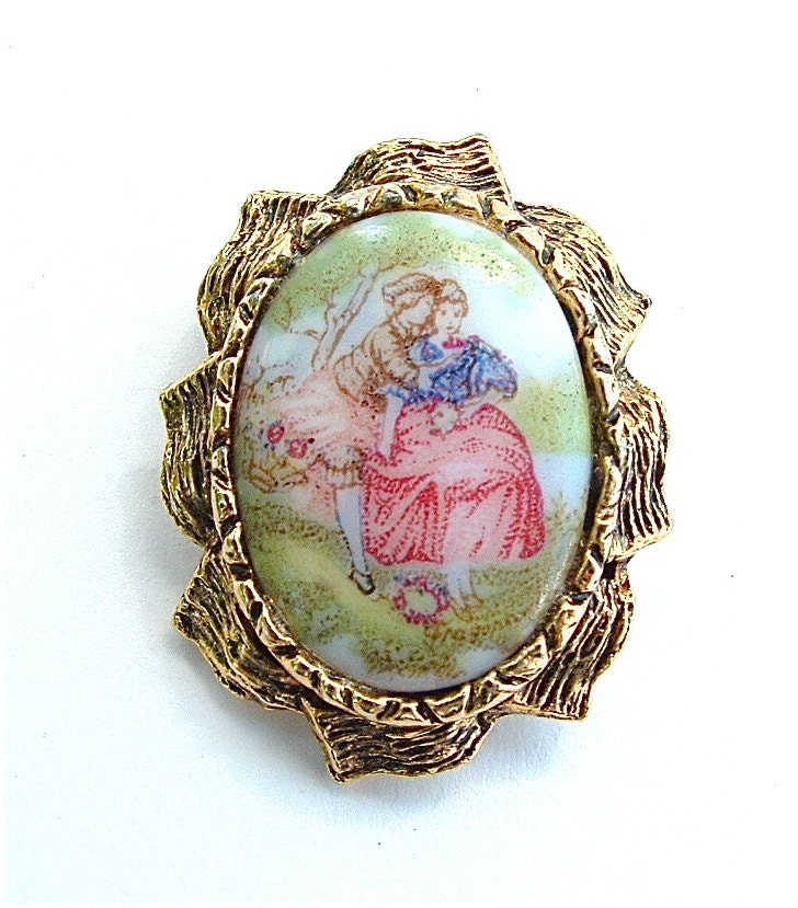 Vintage Cameo Brooch Pendant Necklace Lovers Romantic Glass Jewelry Pin, FREE US SHIPPING