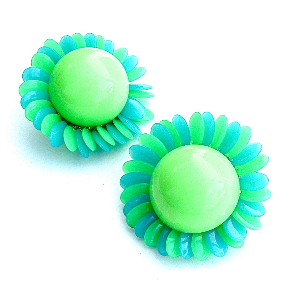 Vintage Shoe Clips 1960s Retro Flower Accessories Lime Green Turquoise Blue Psychedelic Flower Child, FREE US SHIPPING