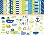 Nautical clipart and digital papers pack in lime green and navy Hoist Your Sail DK019 Instant Download