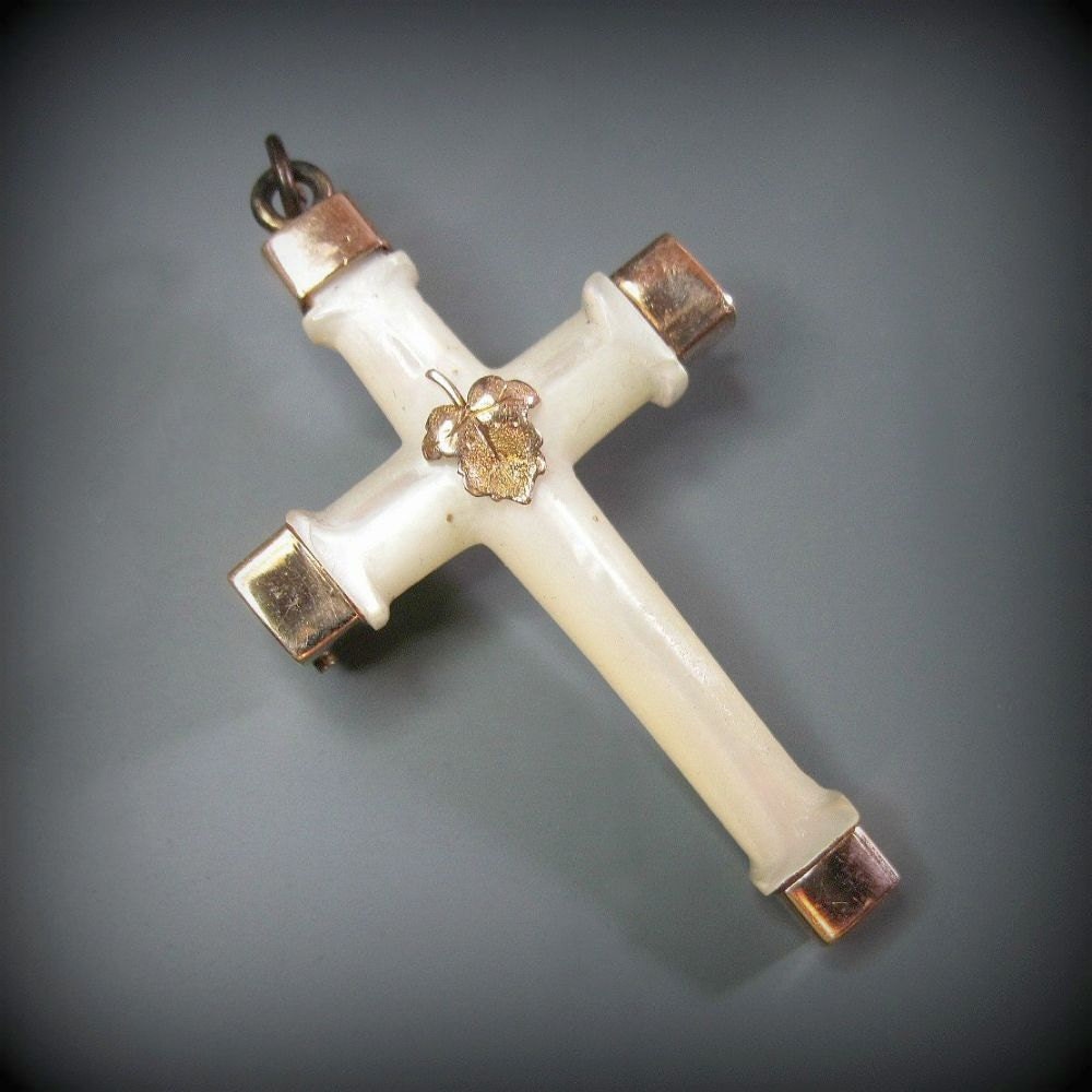 Small Antique Victorian Cross - Pendant - Brooch - Mother of Pearl - Gold Filled - Leaf - 1870s