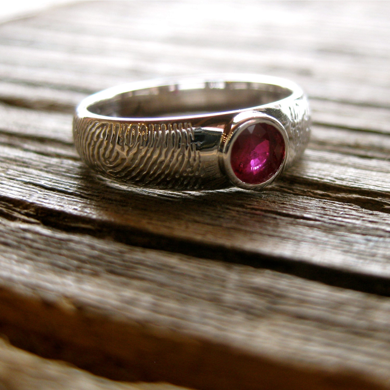 Custom Made Fingerprint Wedding Band in 14K White Gold with Natural Ruby Gemstone and Tapered Ring Width Size 6/5-3mm