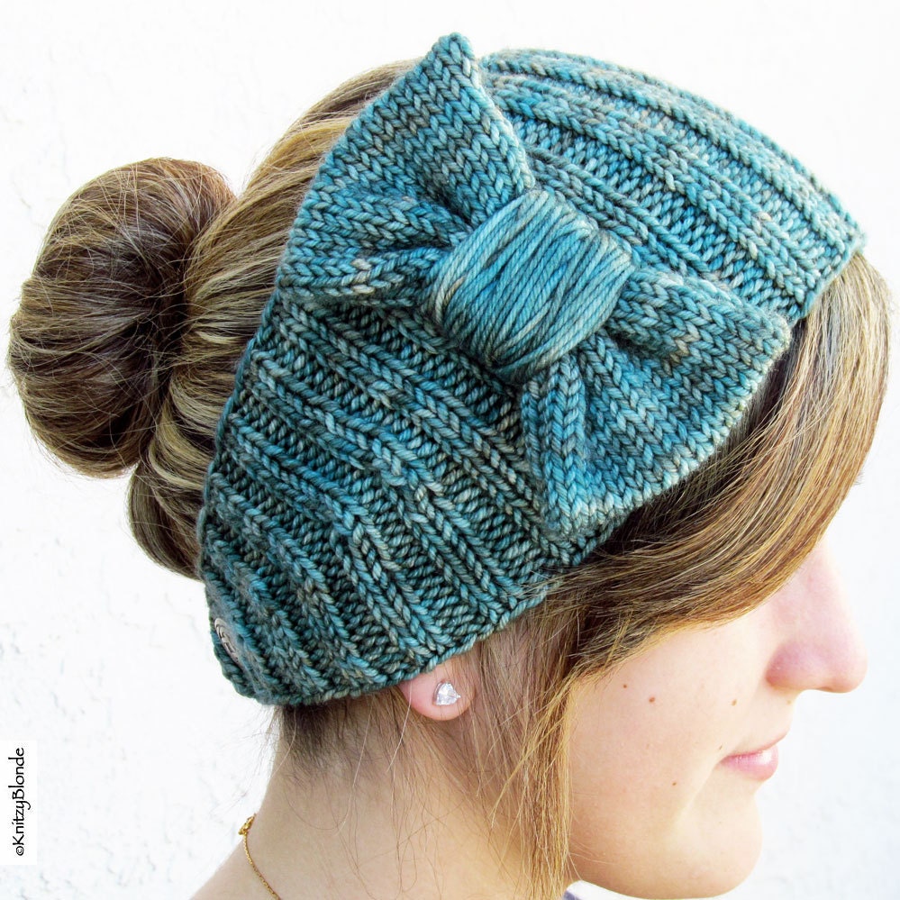 Hand Knit Bow Headband, Cashmere Merino Wool, Celtic Knot Button, Aqua Blue Green Teal