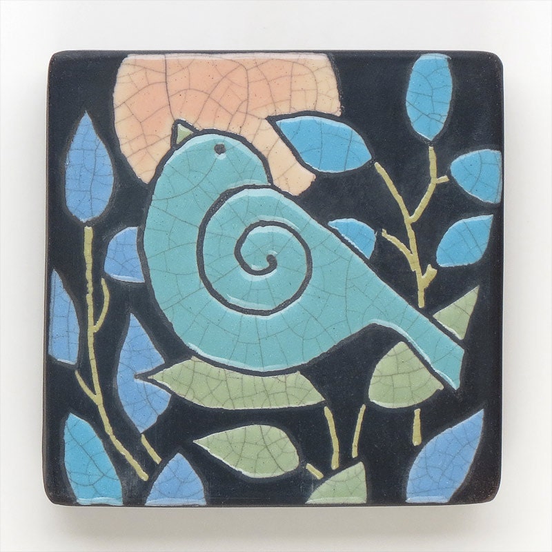 Ceramic Wall Art ,Aqua Bird,Ceramic tile,handmade 4x4 raku fired art tile