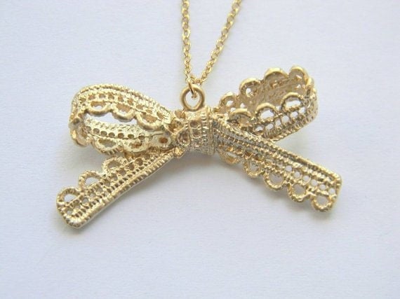 Gold Ribbon Necklace - Gold Lace Necklace - Bow Necklace - Gold Necklace - Bowknot Necklace - Bohemian Necklace