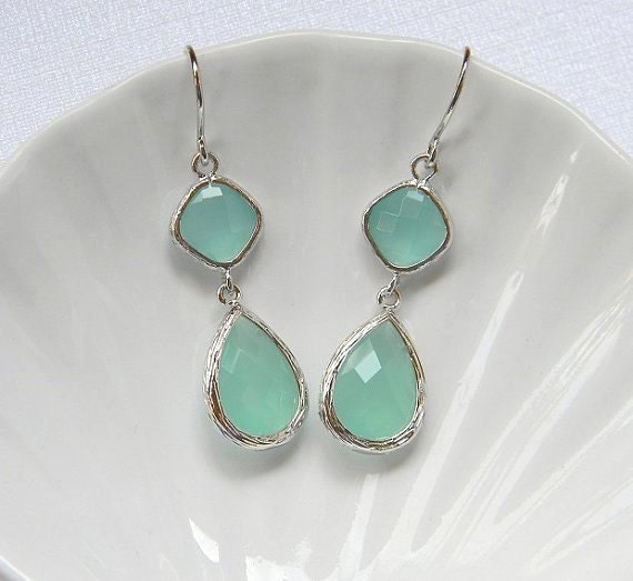 Aqua Mint Earrings - Blue Ice Earrings - Flirty Dangle Bridesmaid Earrings - Silver Framed Earrings - Bohemian Earrings - Boho Chic Earring