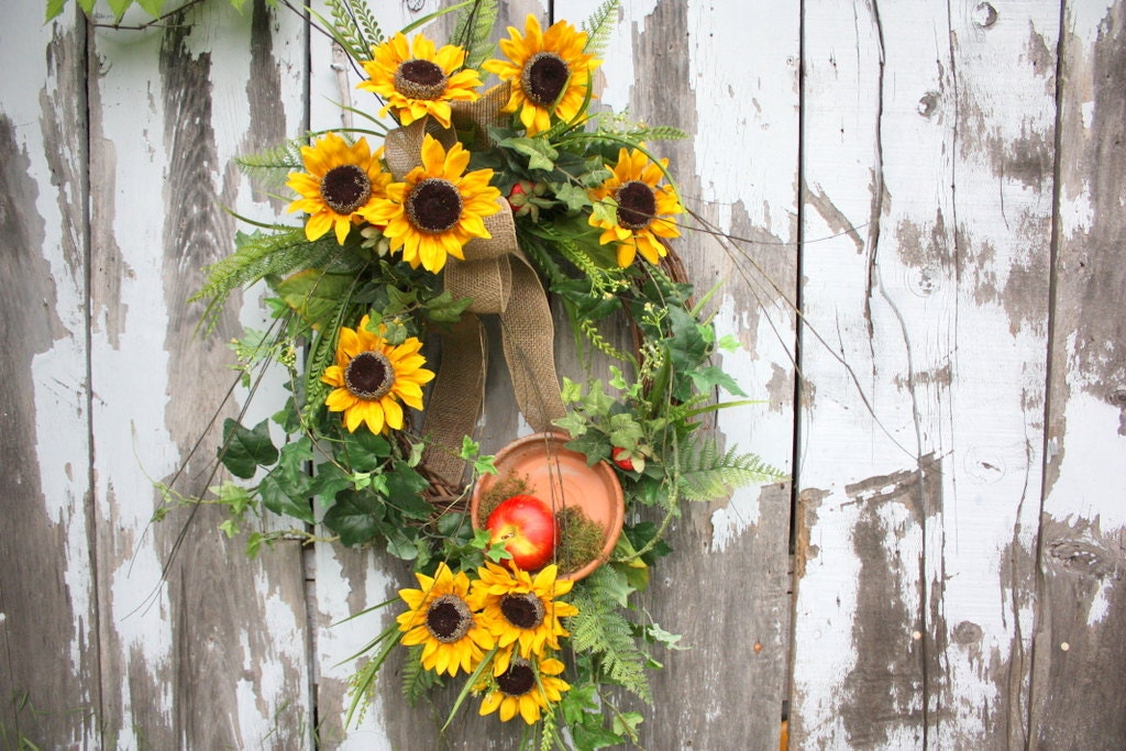Sunflower Wreath, Ivy, Fern, Apple, Burlap, Terra Cotta Saucer