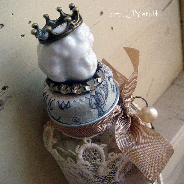 Lovely Altered Jar topped with genuine antique frozen Charlotte head - filled with vintage buttons- perfect for the altered artist - NO 473