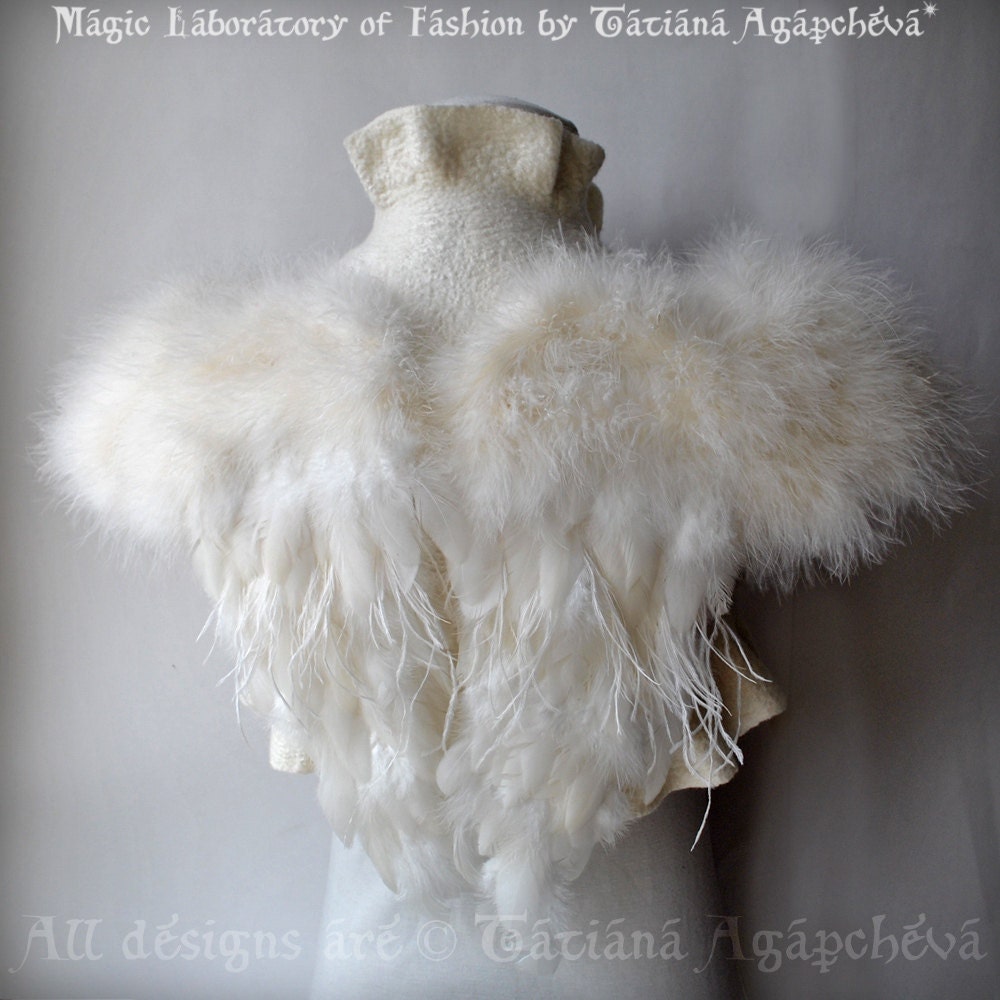 SWAN LAKE Bolero Shrug Bridal Feathers Wings Wedding Black White Felted Merino and Silk, Roses Corsage / Brooch, Marabou Sleeves, US 6