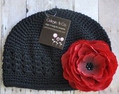 SPRING SALE Baby Beanie - Baby Hat - Black Beanie with Red Flower with Black Rhinestone Center - Infant Beanie