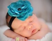 MEMORIAL DAY SALE Baby Headband - Infant Headband - Newborn Headband - Girl Headband - Flower Headband - Teal Flower on Black Stretch Headb