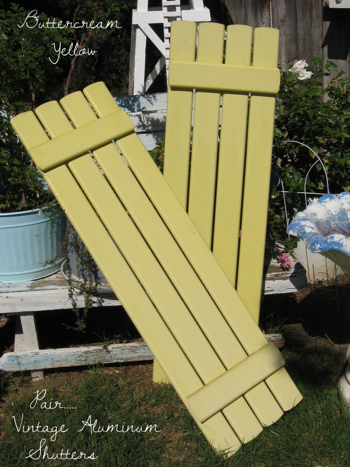 Vintage "Shutters" Metal Garden Country Cottage Chic Shabby Farmhouse Style Shed Wall Window Home Decor Yellow Sweet Magnolias Farm