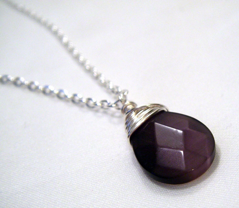 Purple Cat's Eye Teardrop Necklace - Wire Wrapped Dark Amethyst Glass Pendant - Cat's Eye Jewelry