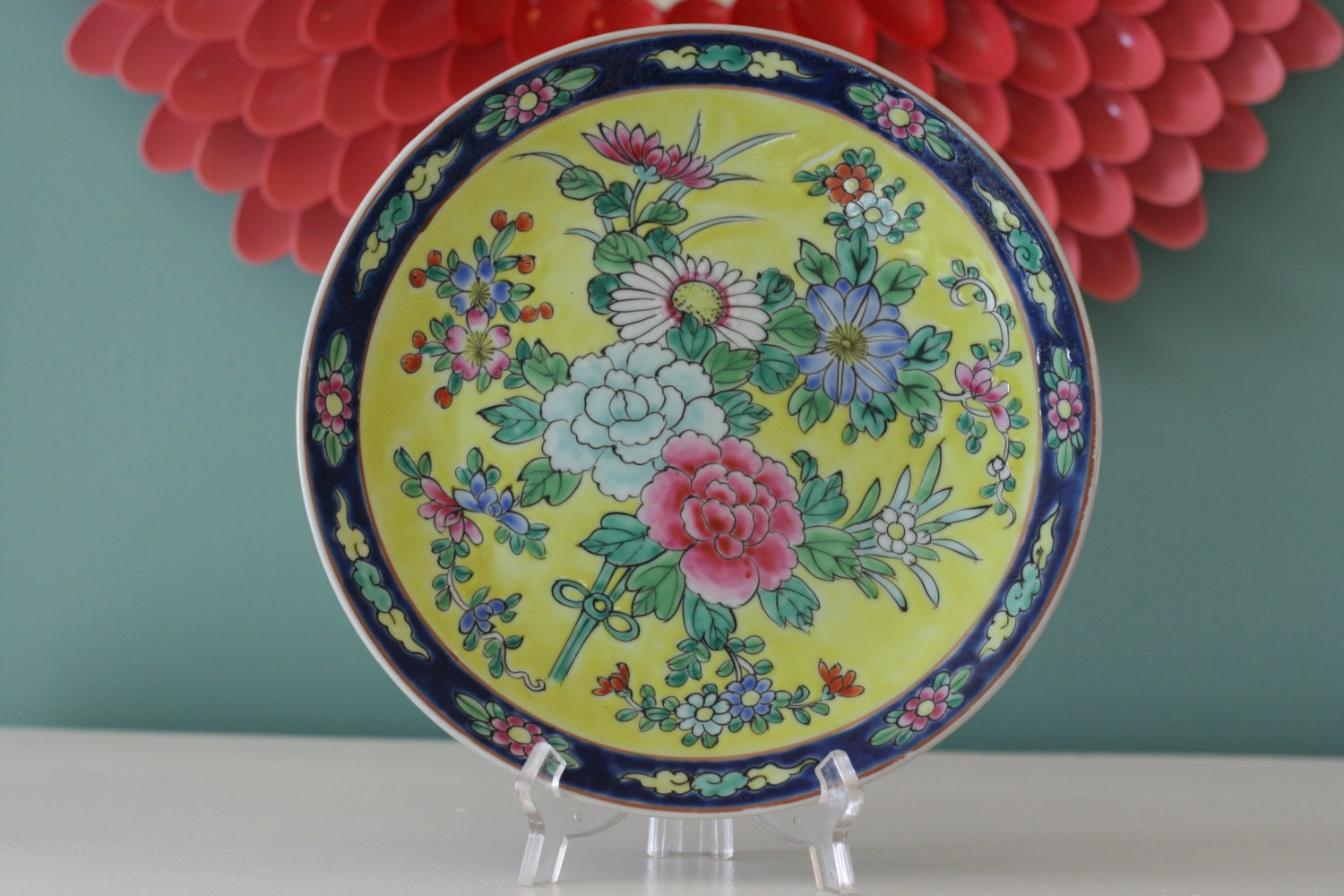 Vintage Yellow Dinner 9 1/2" Floral Plate with Pink, Blue and Purple Flowers with Navy Trim
