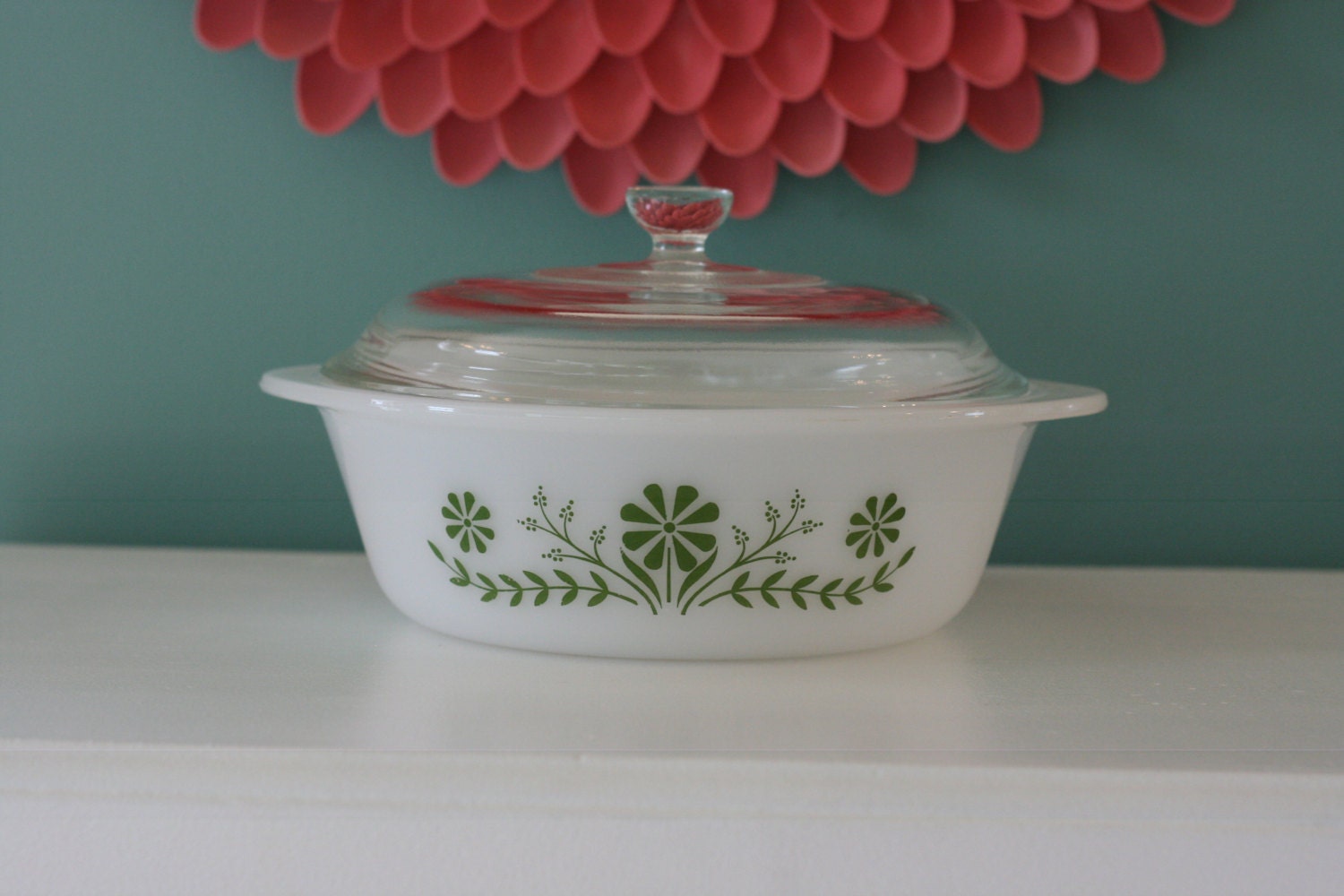 Vintage 2 Quart Glasbake White with Green Floral Design Casserole Dish