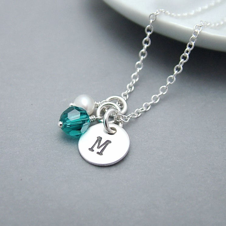 Custom Initial Necklace, Birthstone Initial Necklace with Blue Zircon Crystal, December Birthstone, Handstamped sterling silver