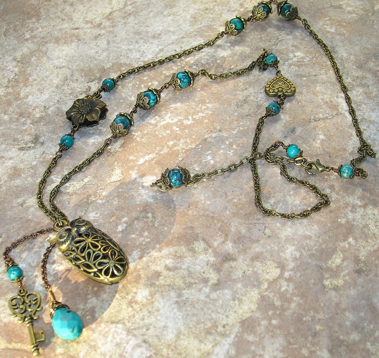 Owl necklace, Modern Vintage Natural Turquoise Owl Necklace