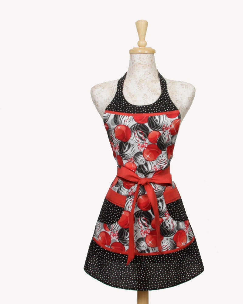 Vintage inspired Apron - Red Black Zebra and Bulb Ornaments