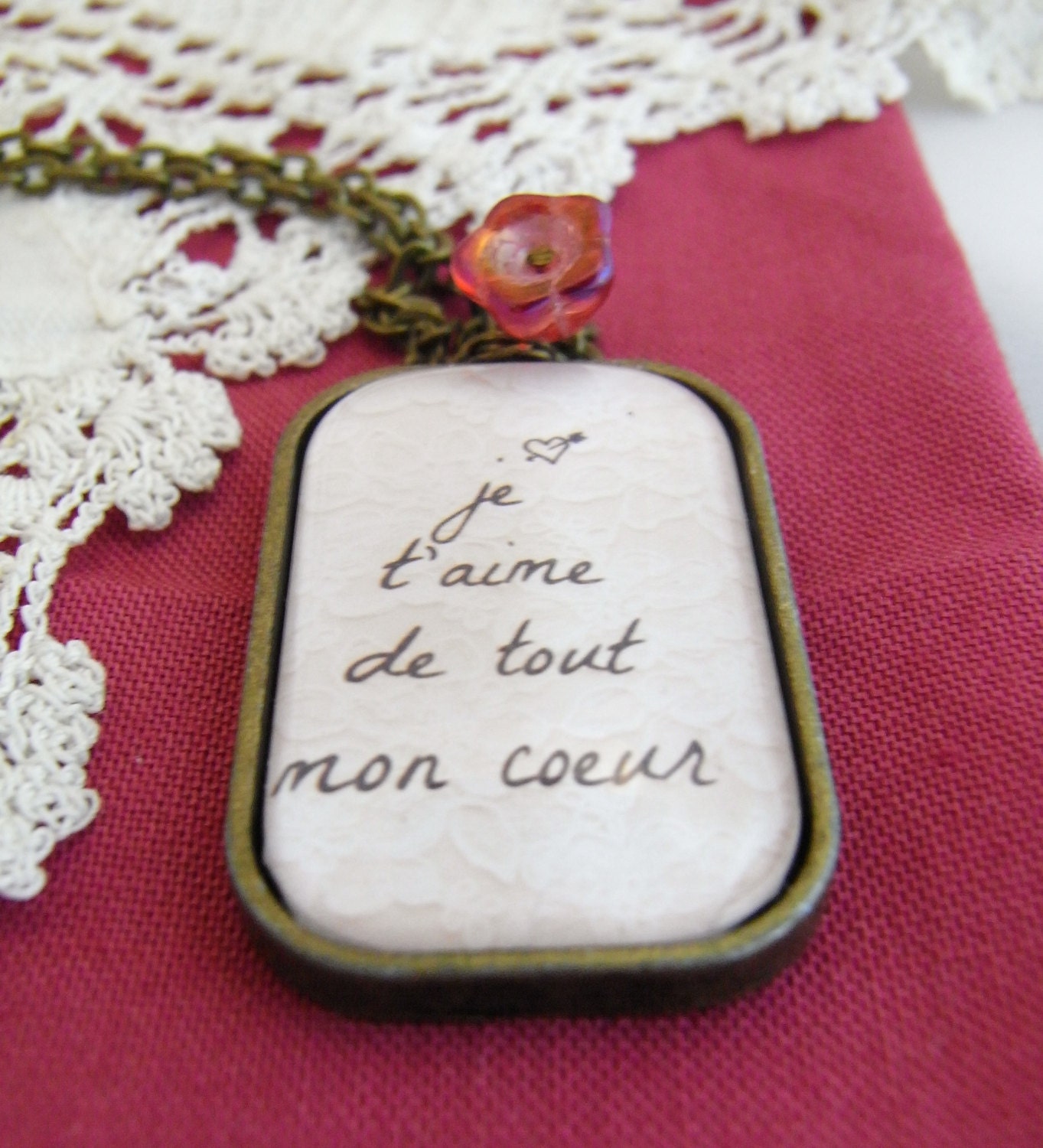 French love quote pendant, Valentine's Day, romantic love gift, "I love you with all of my heart" in French