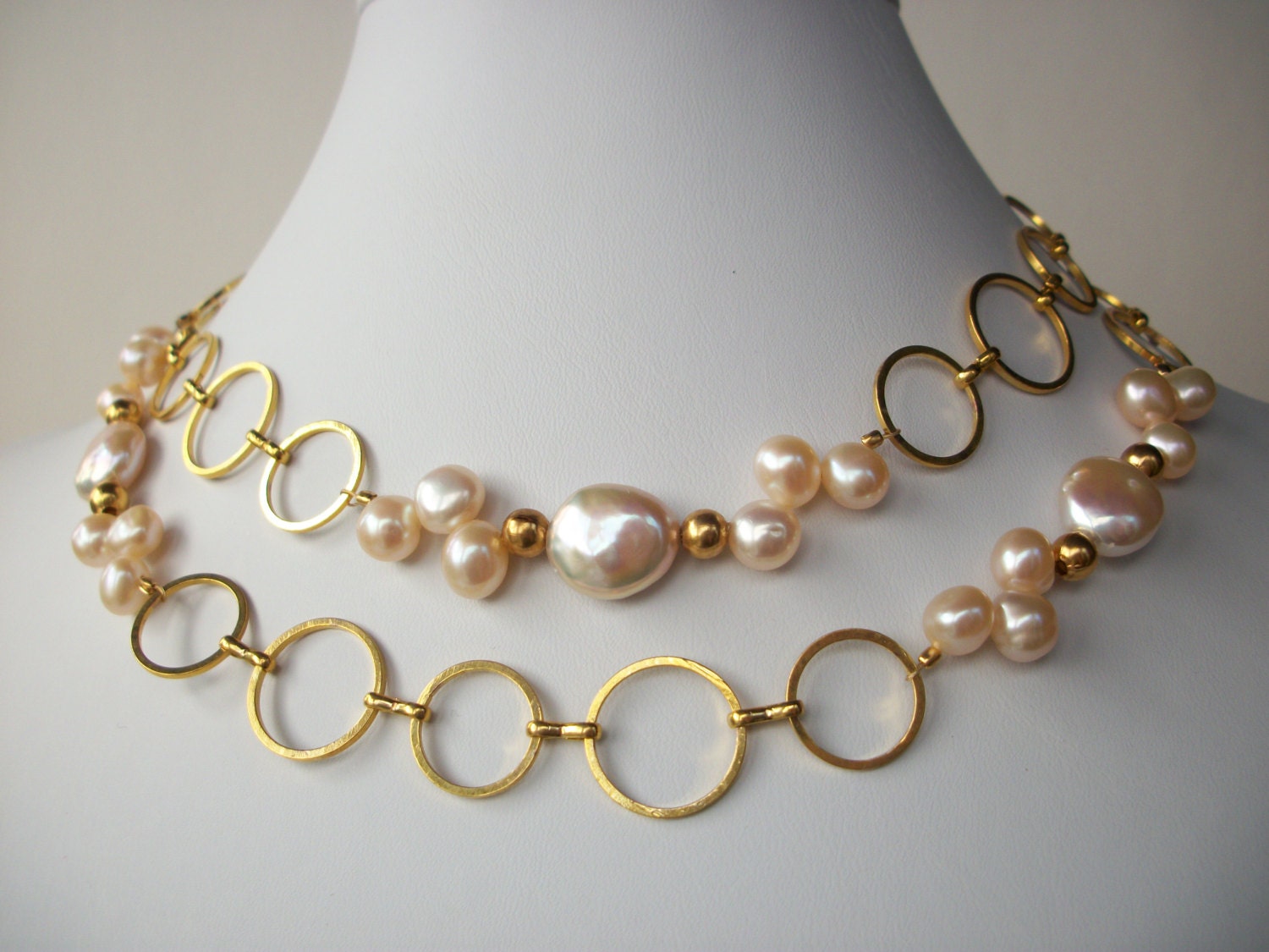 Pink pearl long necklace with gold circle chain, genuine peach pink freshwater coin pearls