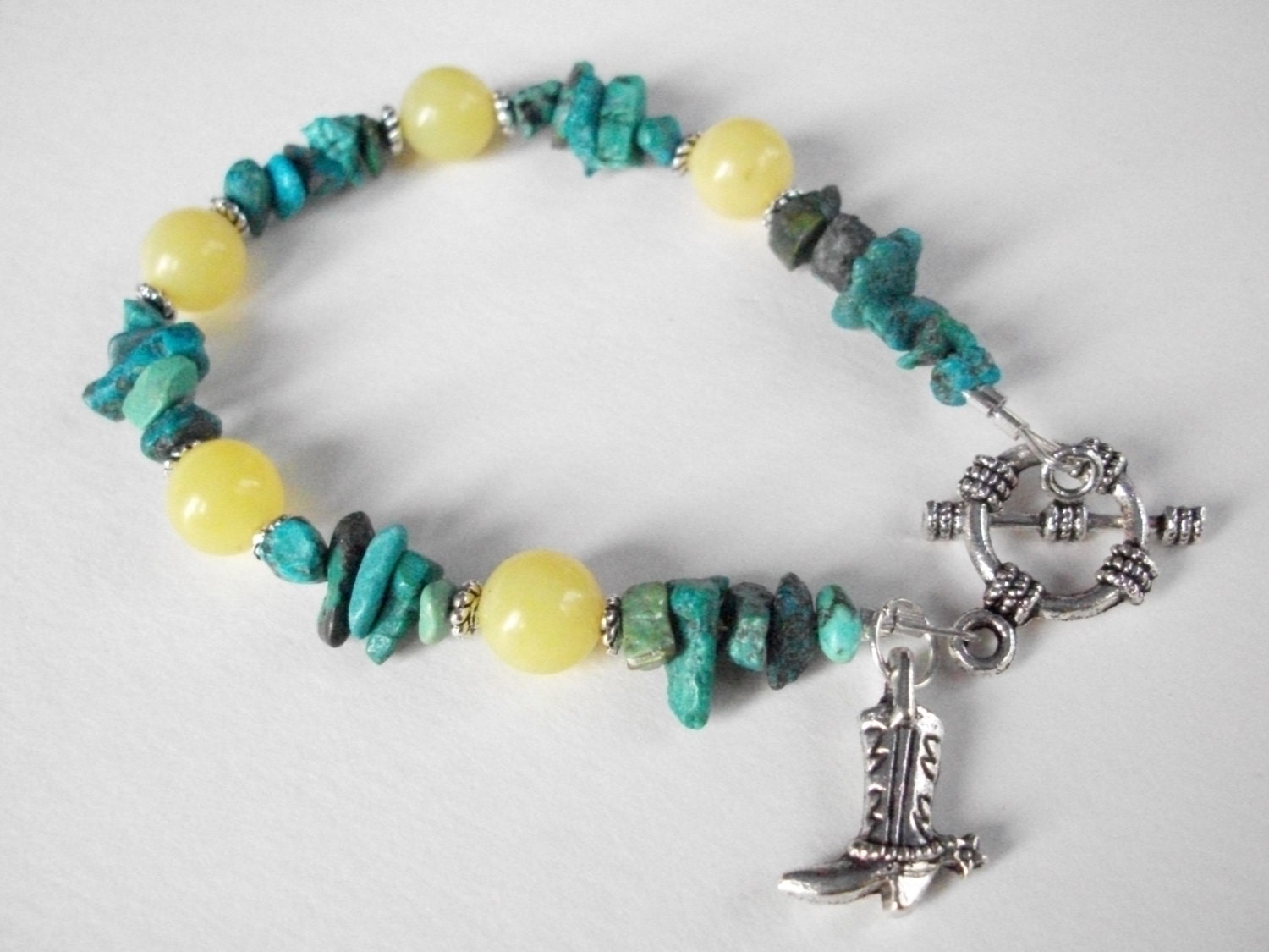 Western bracelet, turquoise silver cowgirl bracelet with cowboy boot turquoise and yellow jade beads, boho southwest