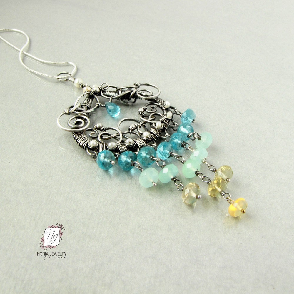 Sterling silver necklace pendant, intricate wire work and blue, green, yellow gemstones