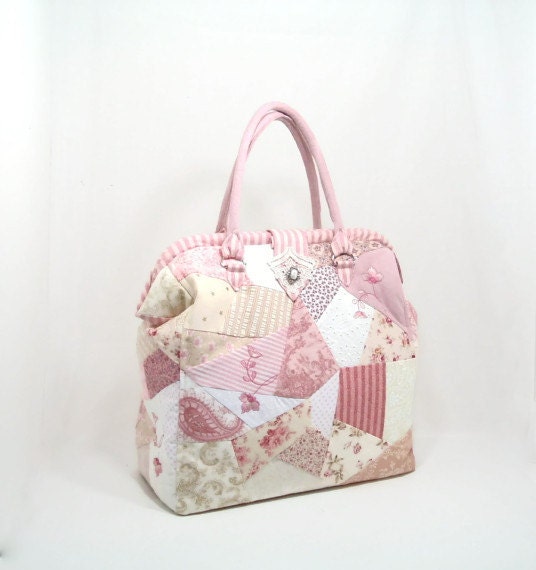 Shabby Chic Victorian Patchwork Carpet Bag Pink Cream White