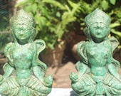 Pair of Vintage Green Stone Carved Hindu Statue Incense Burners