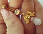 Bow Belly Button Ring Navel Jewelry Piercing- Gold Clear White CZ Gem Dangle Bowtie Charm