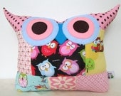 Pink/Blue/ dots/owl print/ PATCHWORK /room decor owl family owl pillow/Ready to ship