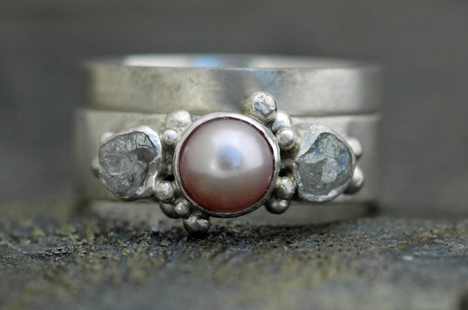 Rough Diamond and Pearl Engagement Band and Wedding Stacking  Ring Set- Custom Made Custom Colour