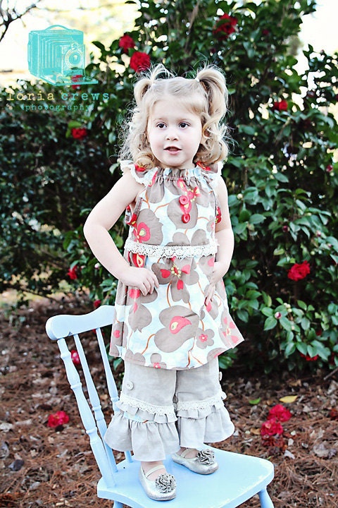 2 Piece Girls Dress made with Amy Butler Lotus Morning Glory fabric and coordinating linen ruffle capri pants with lace and button trim