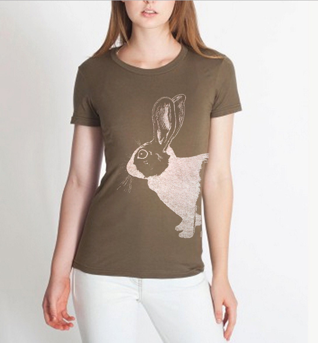 SALE Dutch Rabbit tshirt - metallic silver eco friendly screenprint on ethical army cotton crew neck - plus size XL