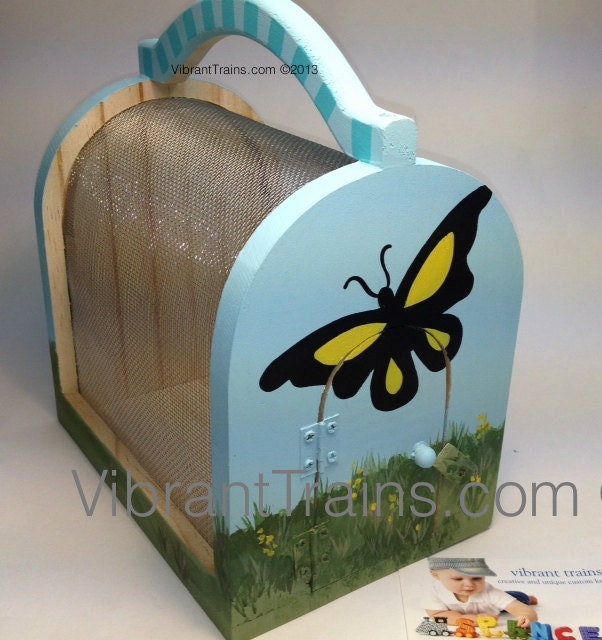 Solid Wood Screened Bug and Butterfly House Container hand painted as shown and ready to ship - can have a name added free of charge