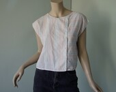 Pastel & White Striped Crop Top- 1980's Geometric Cut Summer Blouse- Asymmetric Buttons, Cap Sleeves