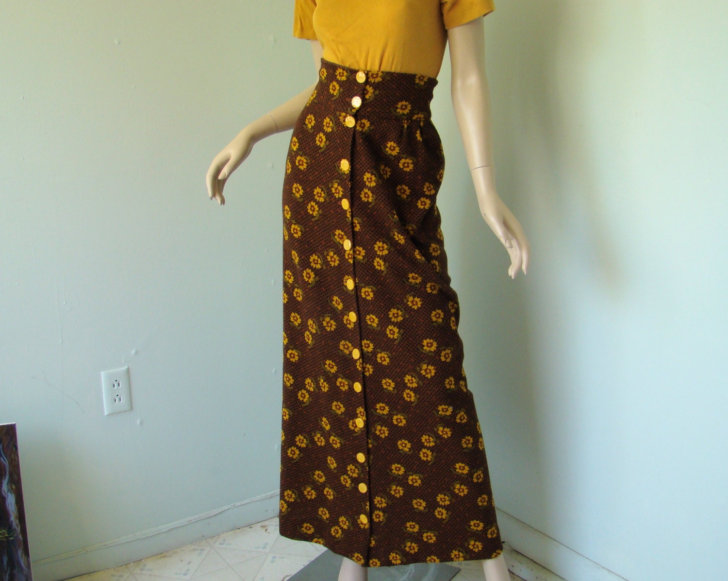 Yellow Flower Maxi Skirt- 1970's in Brown, Gold, & Rust- High Waist, A-Line, Buttons