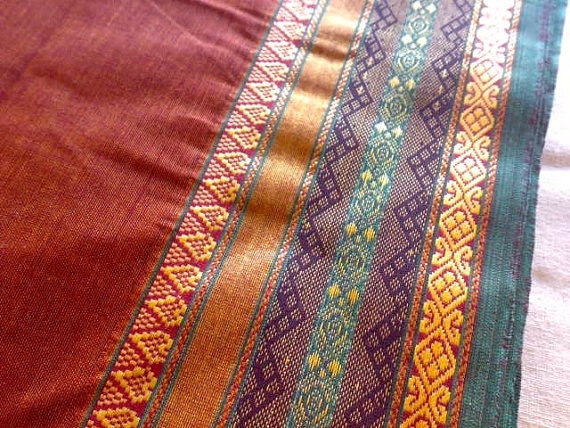 Rust Brown Gold Heart Border Green Indian Handloom Cotton